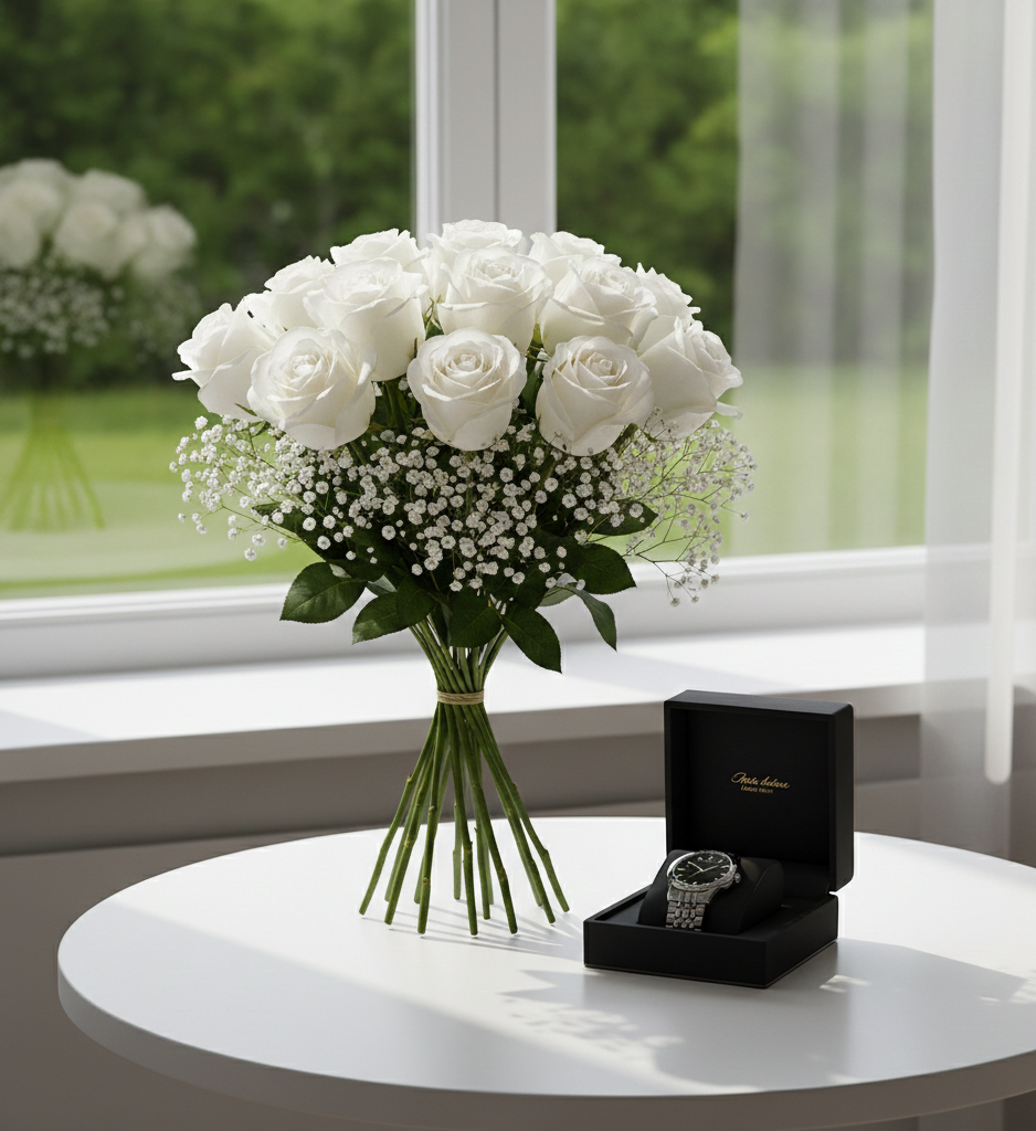 20 WHITE ROSES WITH PRECIOUS GIFT WATCH FOR MEN NO-3001