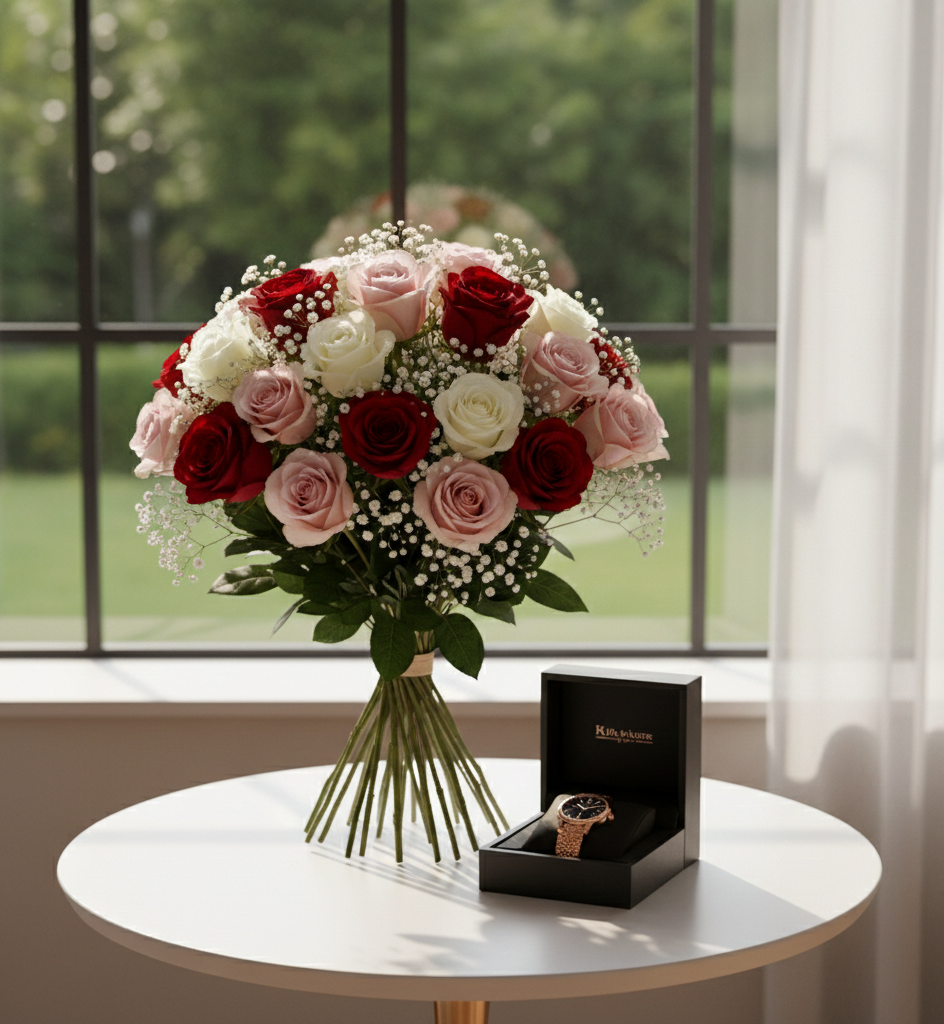 30 MIX ROSES WITH PRECIOUS GIFT WATCH NO-3007