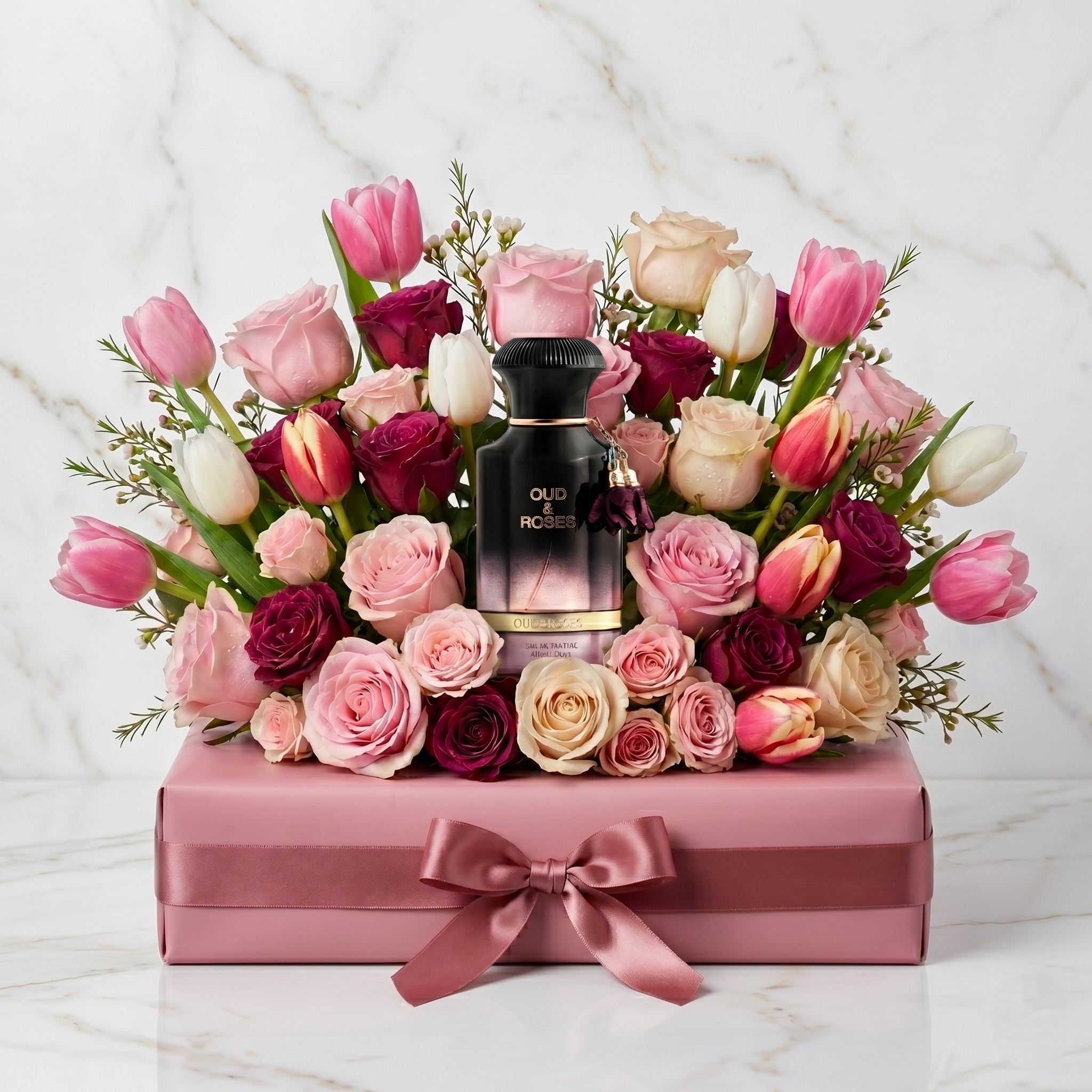 عطر فاخر لعيد الميلاد مع تنسيق زهور ملكي