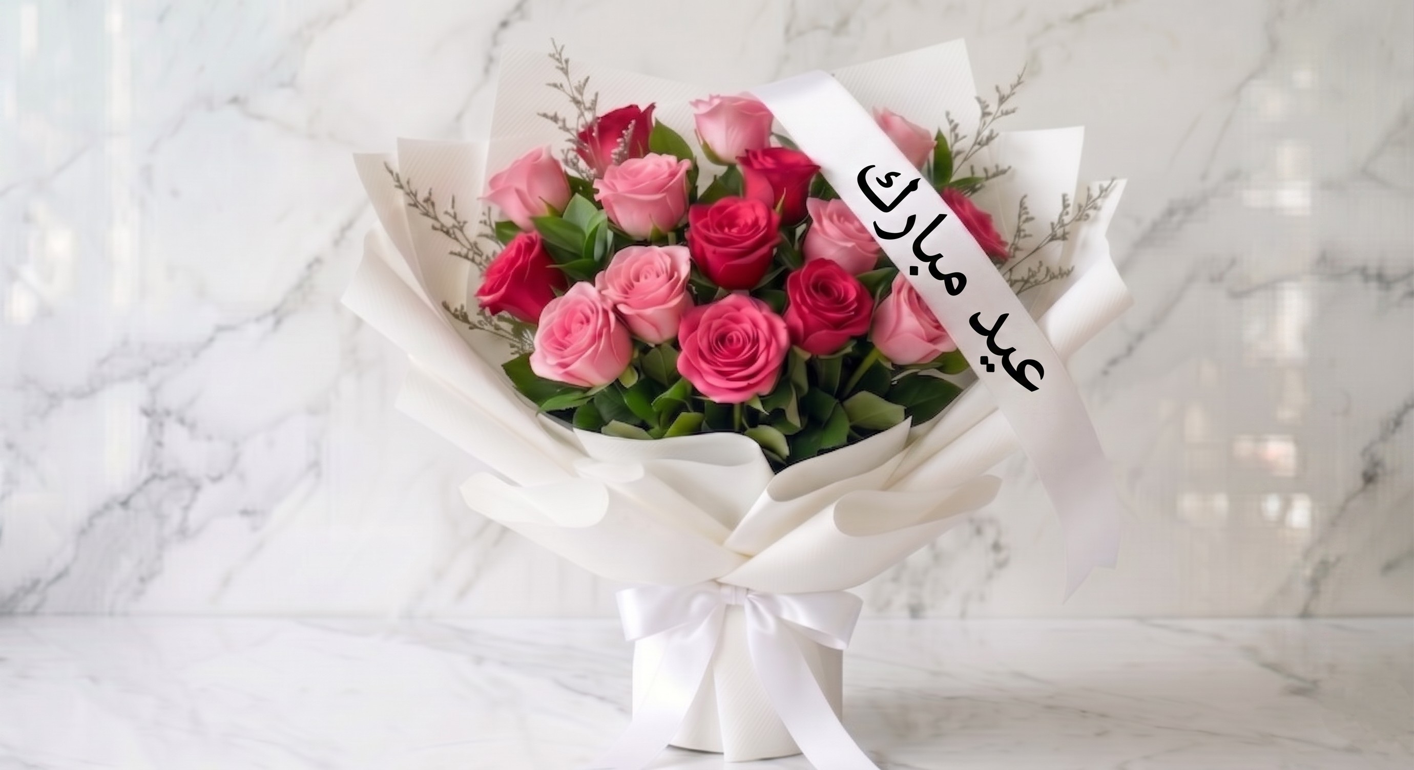 EID MUBARAK PINK AND FUCHIA ROSE MIX BOUQUET