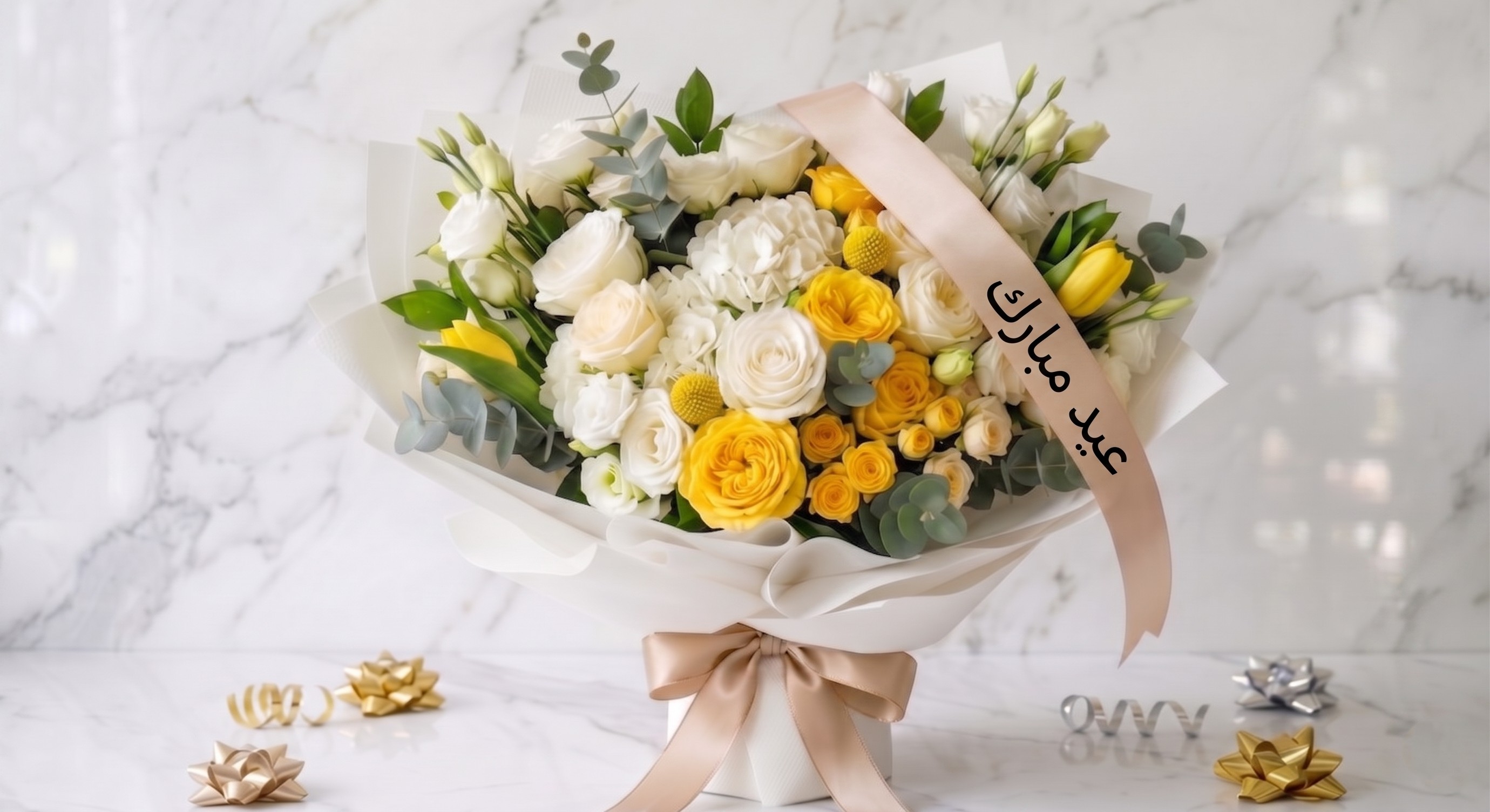 EID MUBARAK WHITE AND YELLOW SPECIAL BOUQUET
