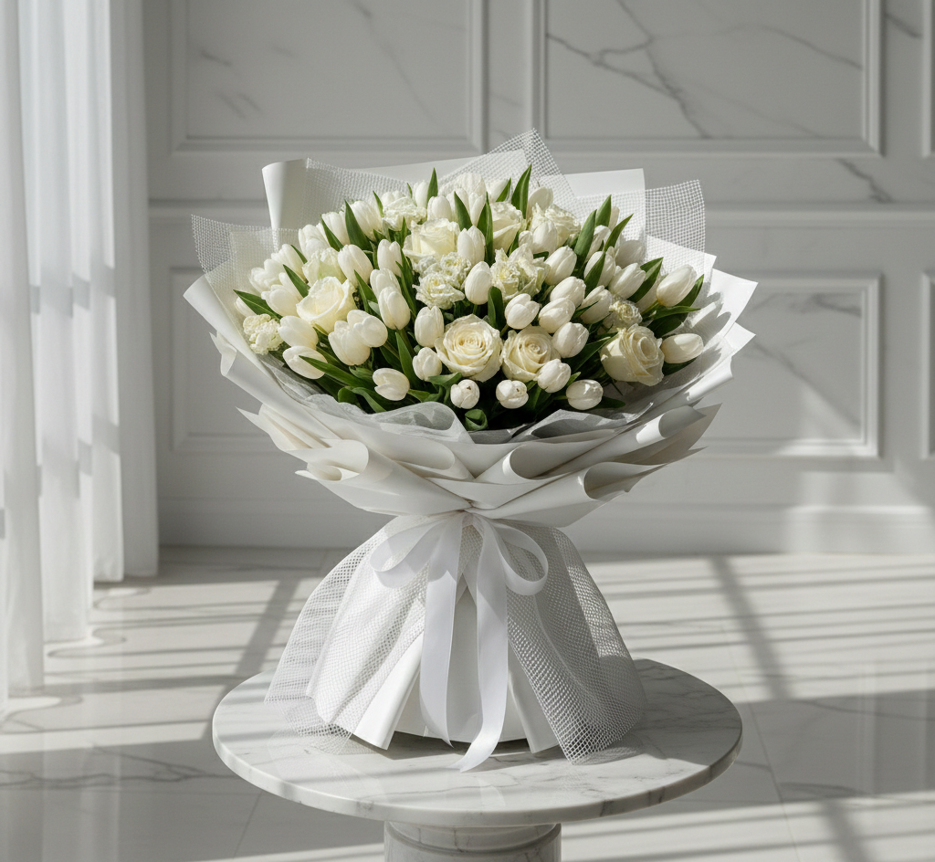 EID WHITE BOUQUET WHITE ROSE10, 10 WHITE TULIP & 10 BABY ROSE NO-1008