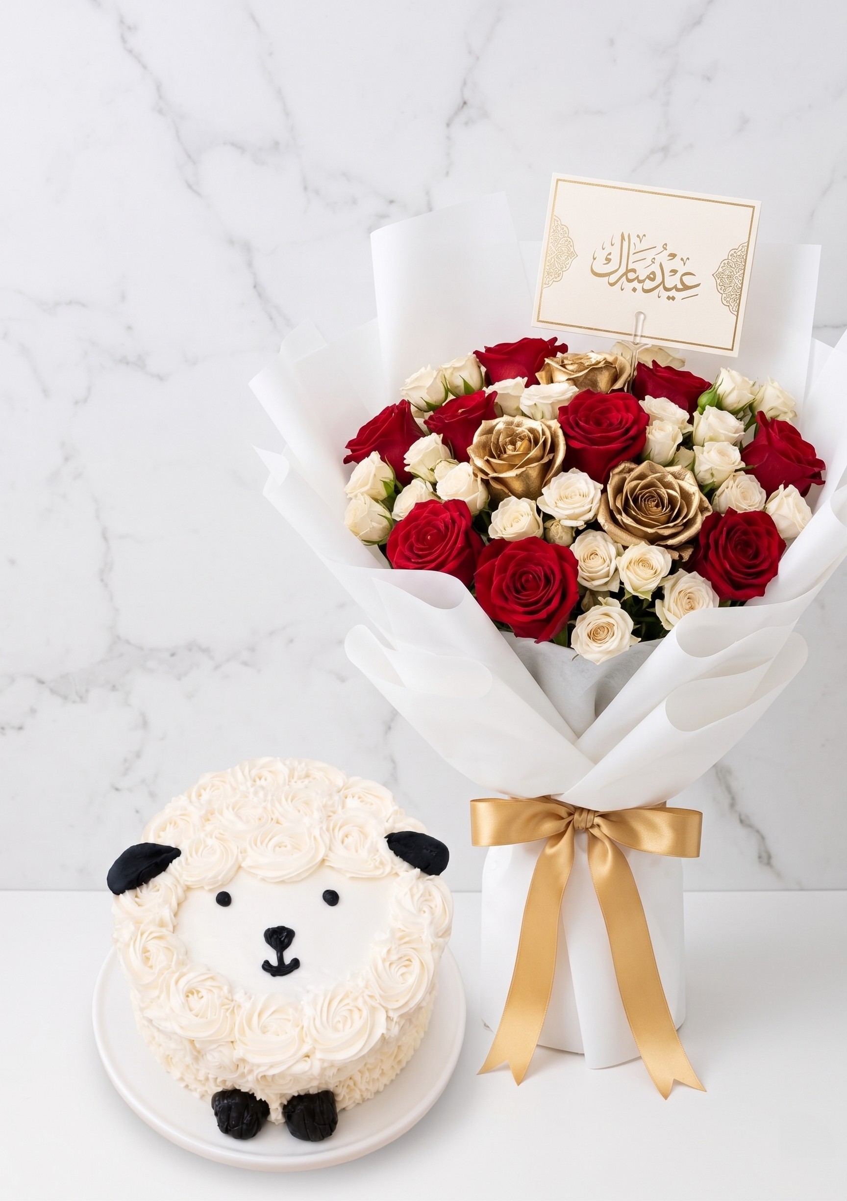 eid al adha special cake with red white golden bouquet