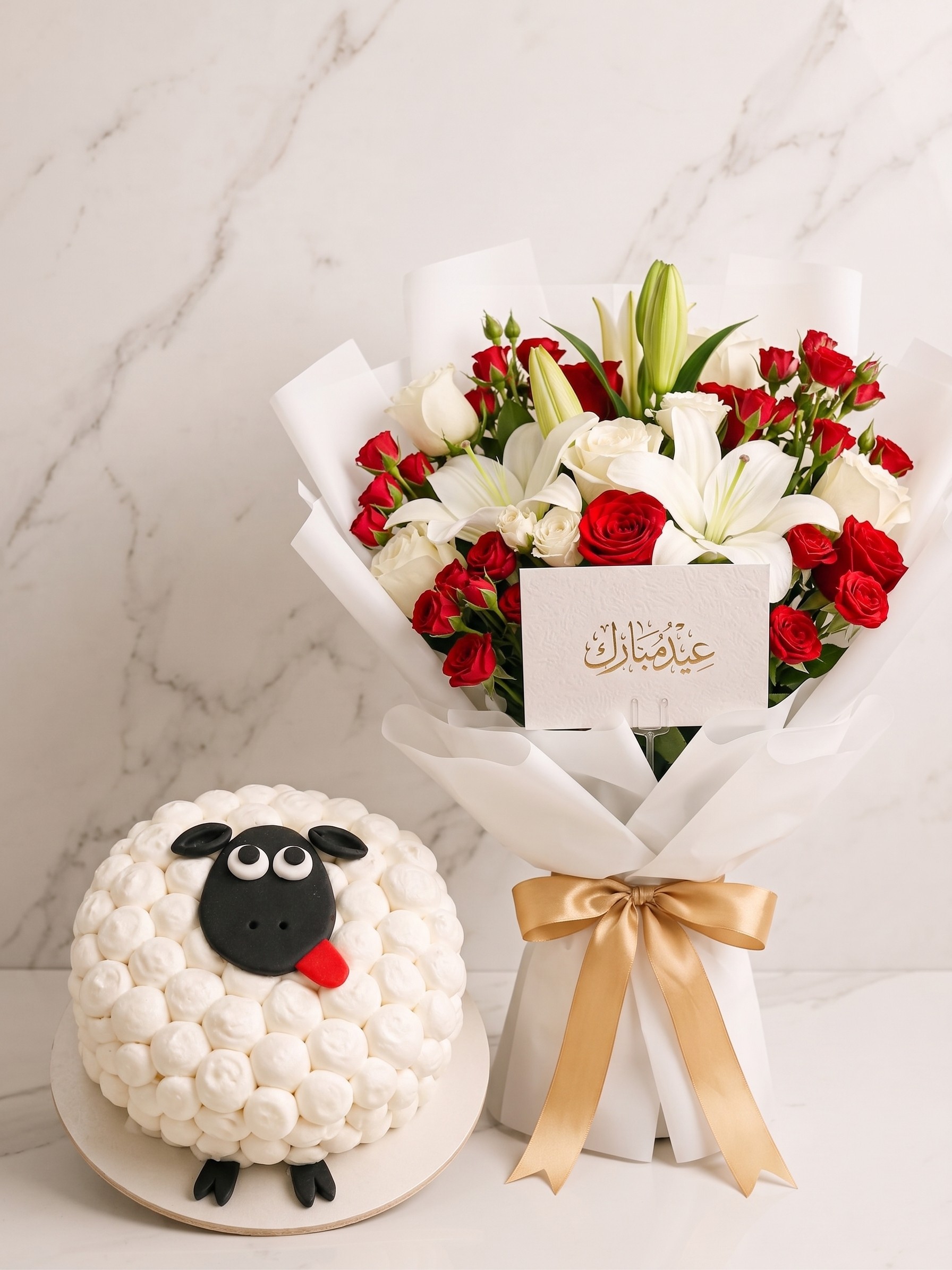 Eid goat theme cake with red whitish bouquet