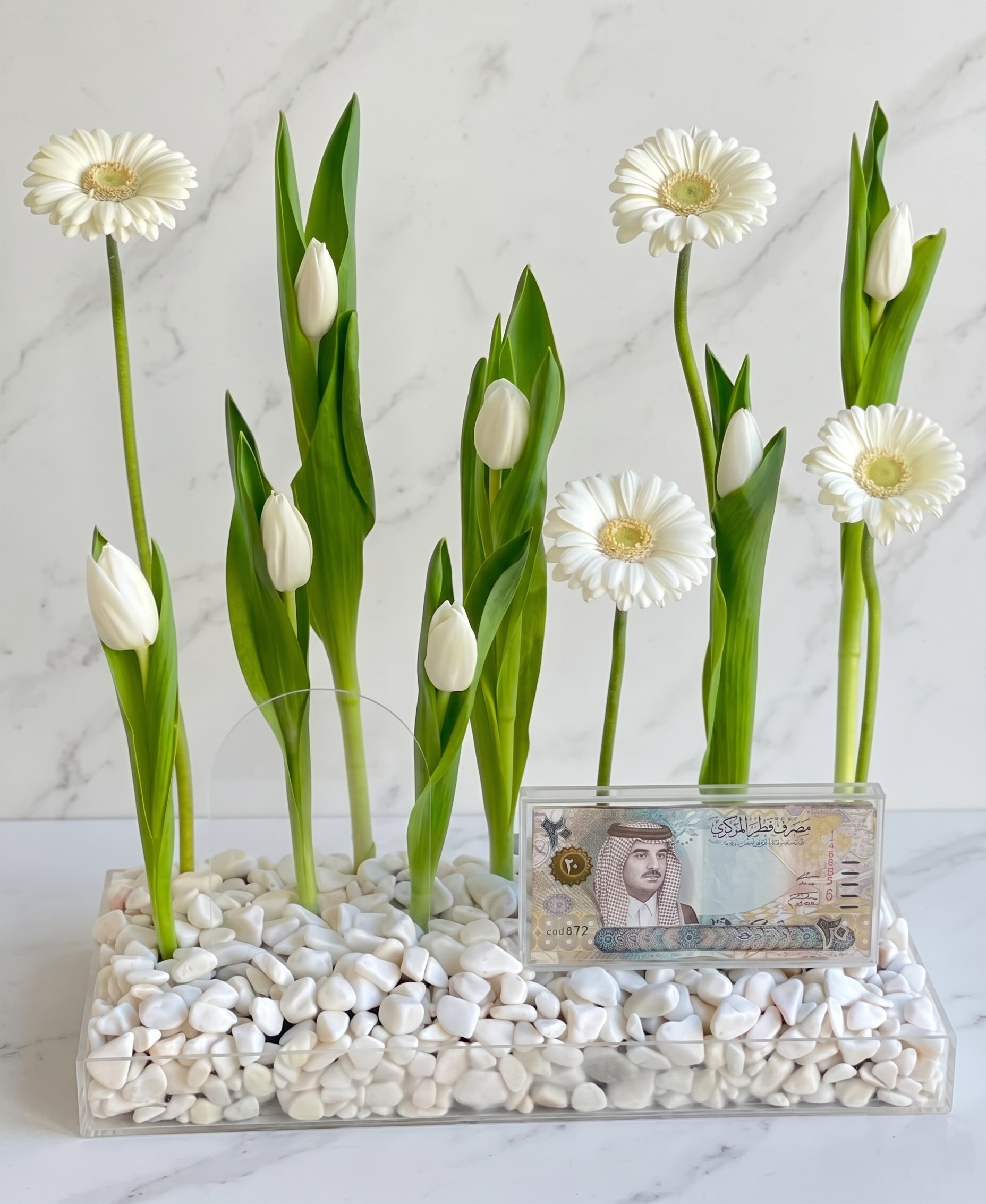 eid arrangement money box with white tulips and gerberas
