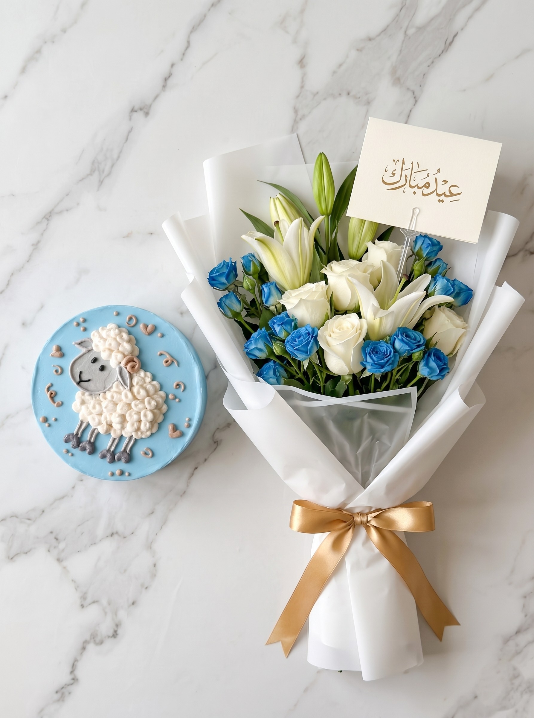 eid special blue themed cake with fresh flower bouquet