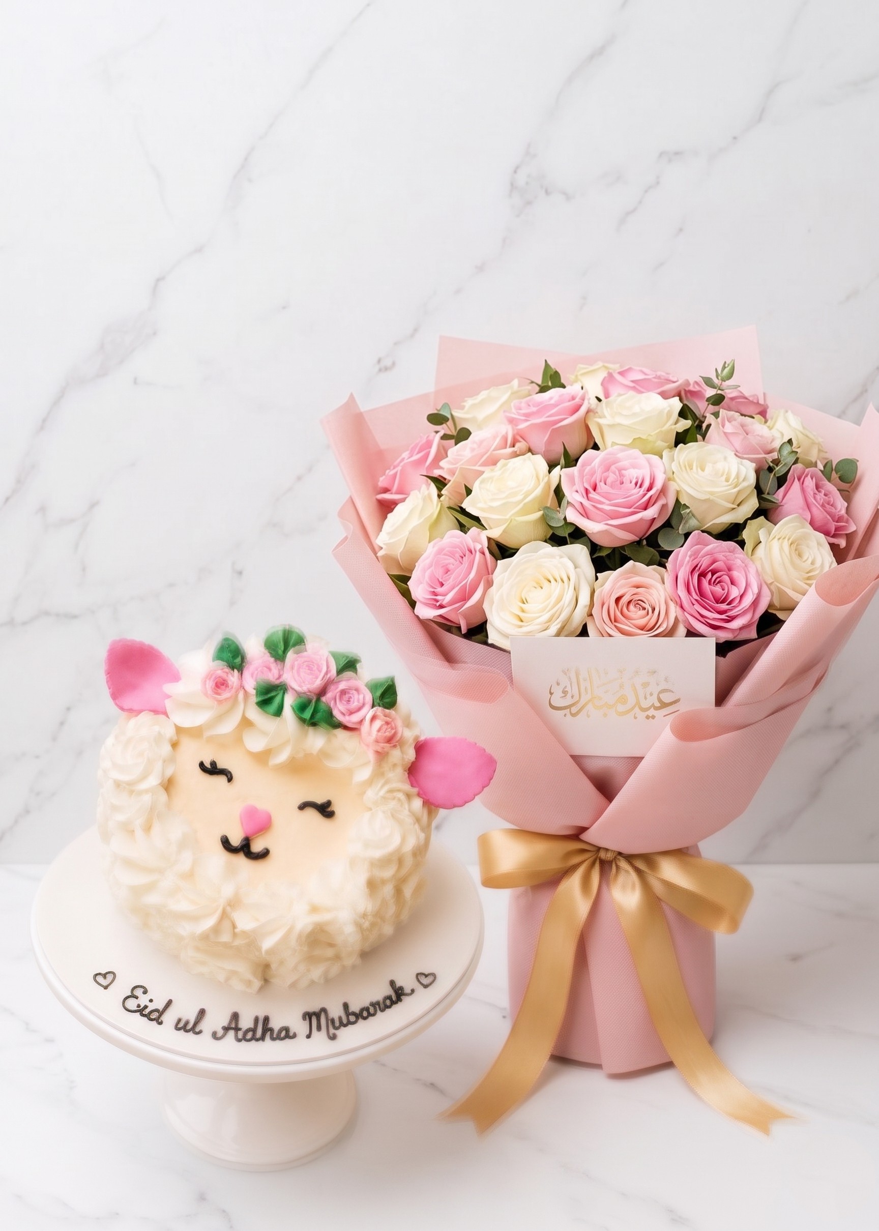 eid special cake with sweet pink flowe bouquet