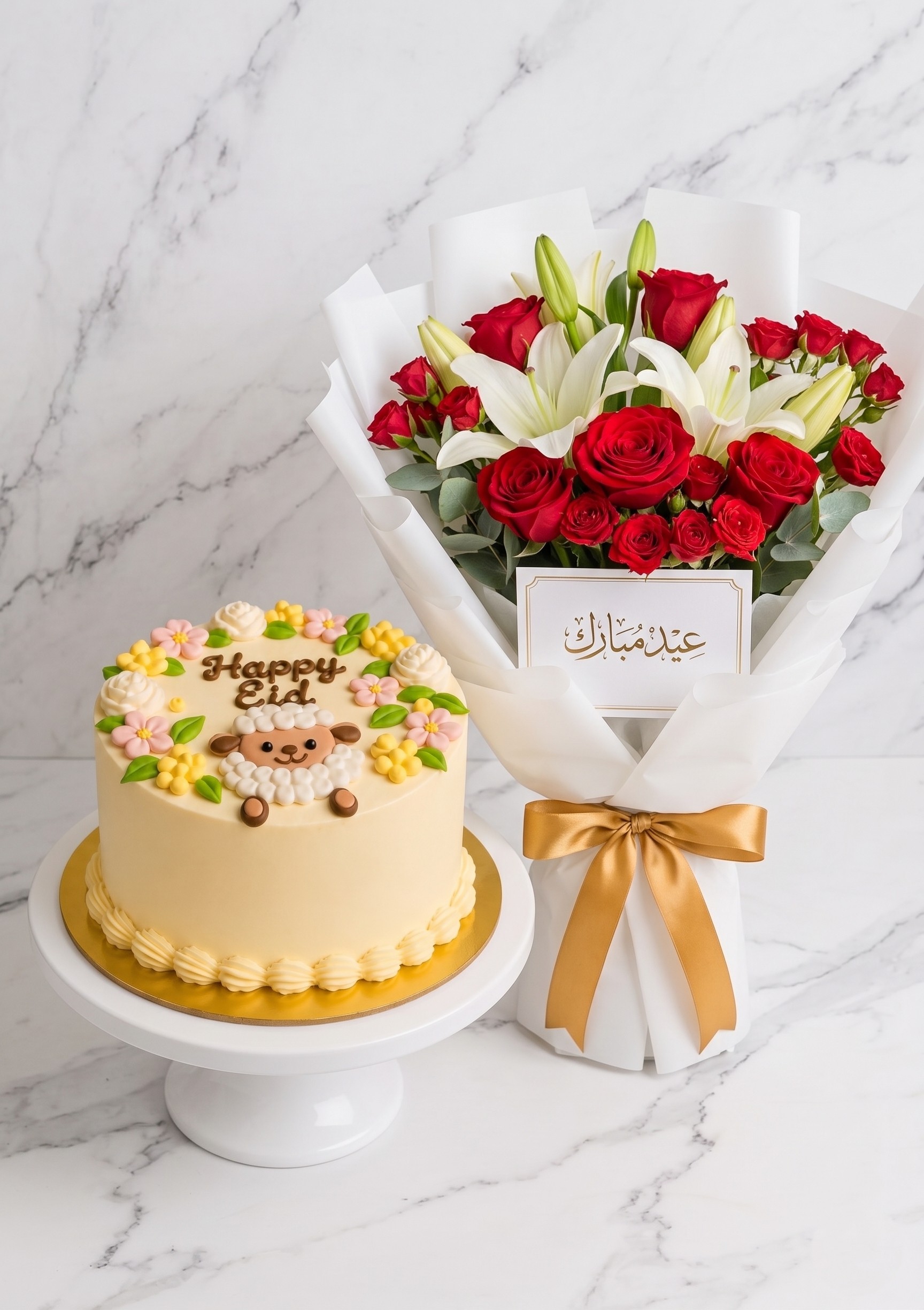 eid special cake with wow flower bouquet