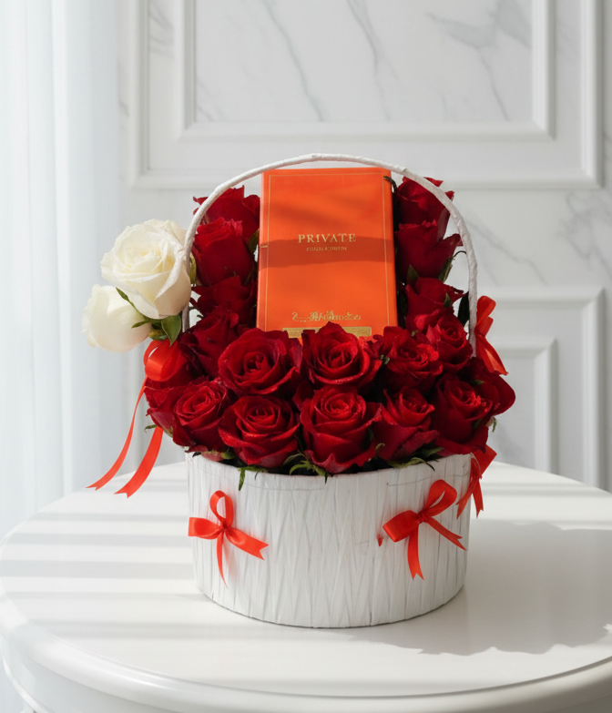 eid special red flowers with white basket