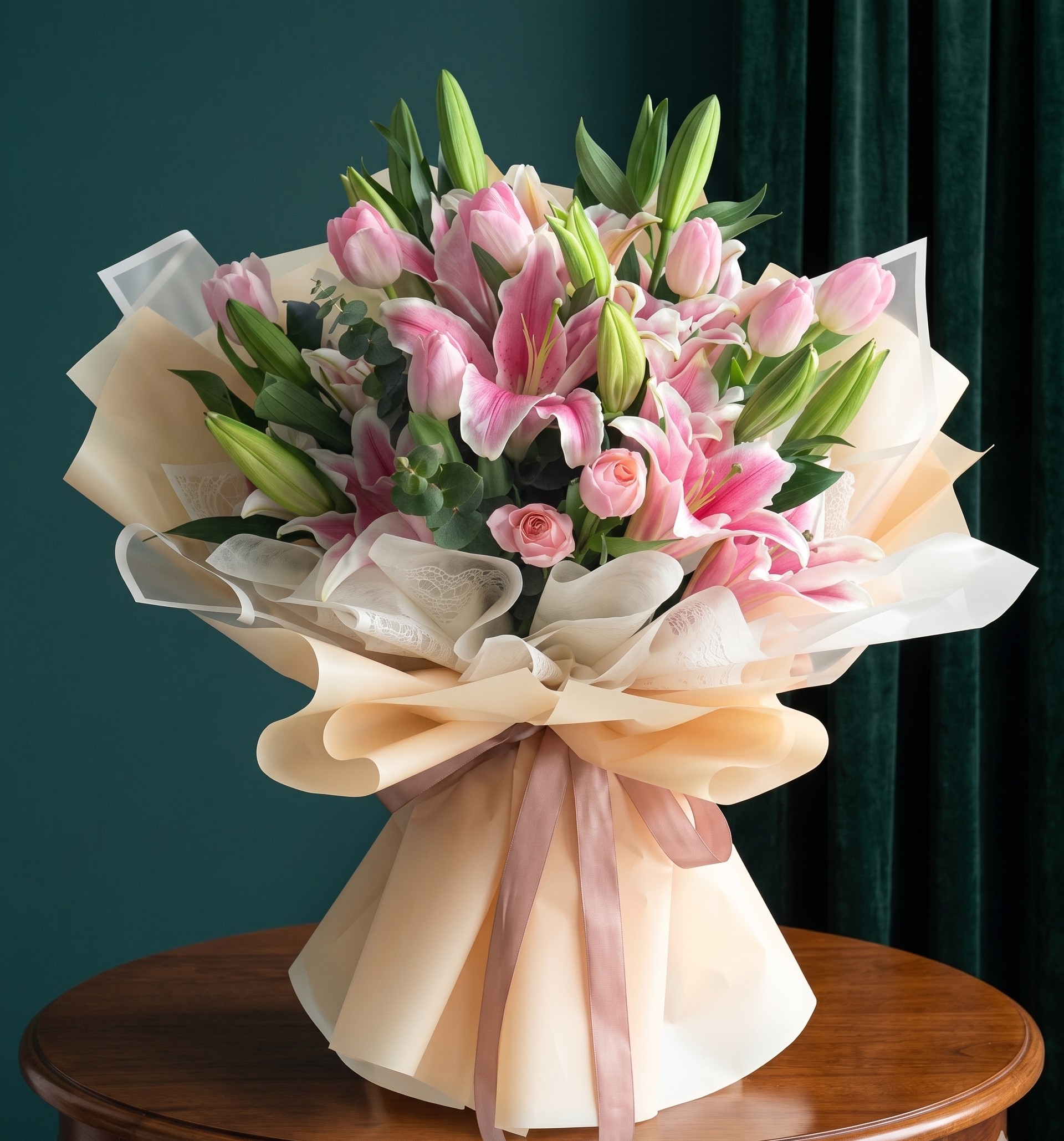 Bouquet with pink lilly with nice wrapp-45