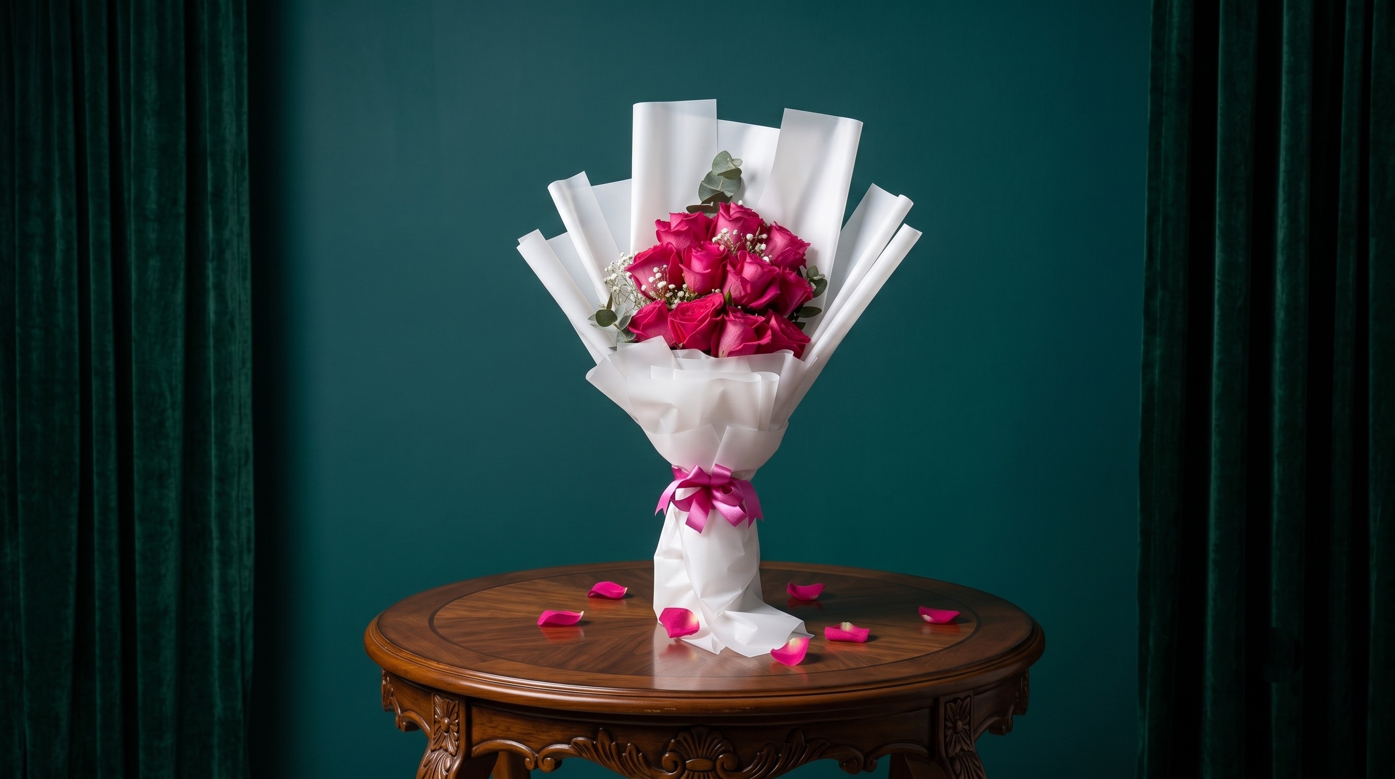 Hand bouquet fuvhia 10 roses bouquet