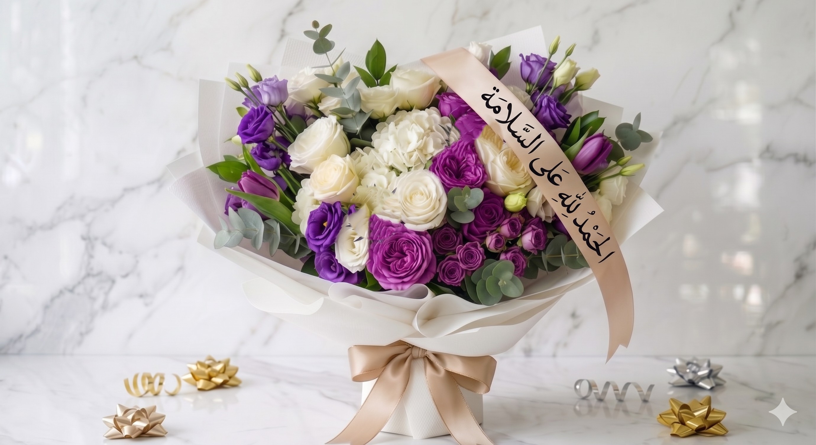 Get well soon purple and white bouquet
