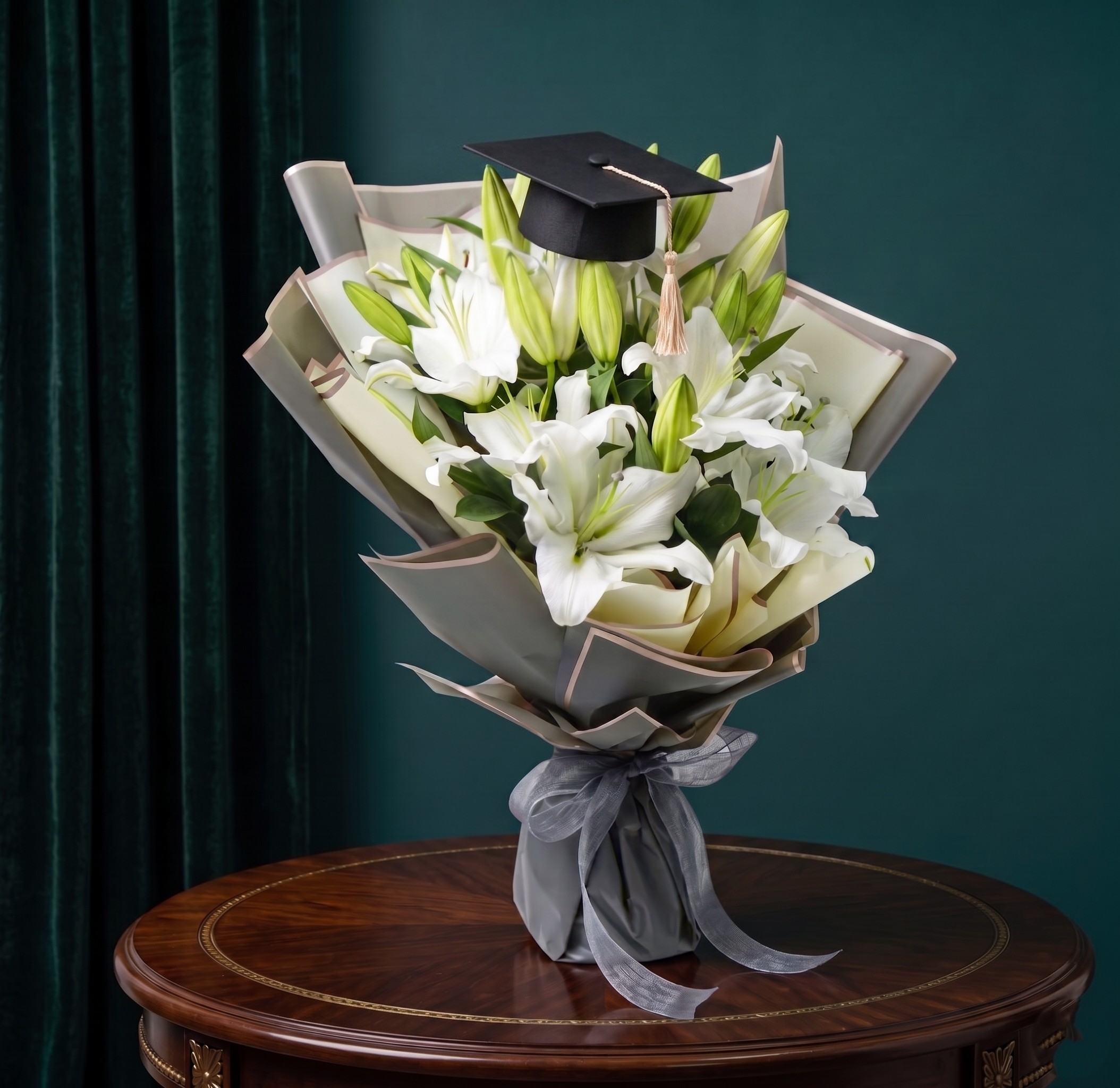 graduation white lilly bouquet