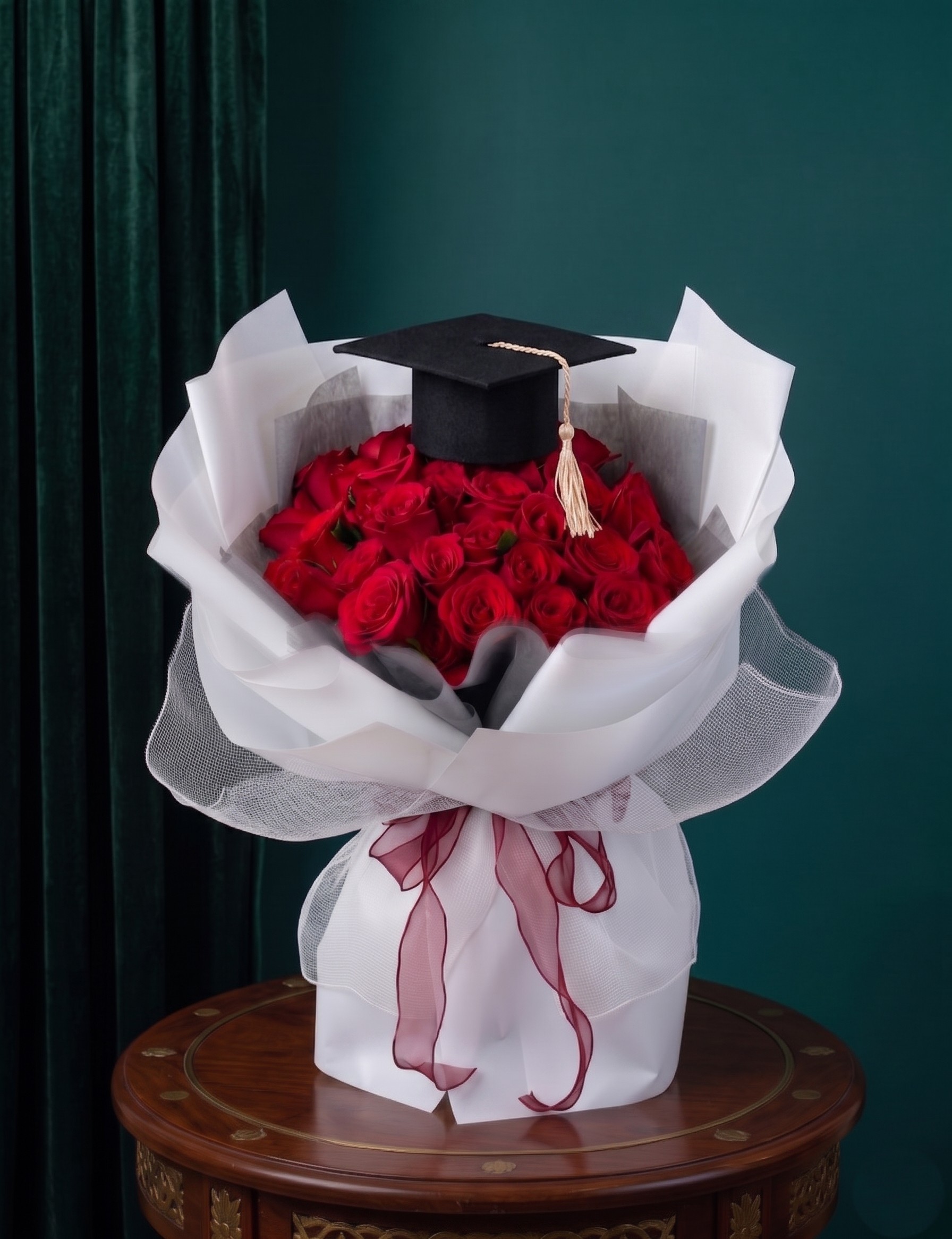 graduation white wrapping red rose bouquet