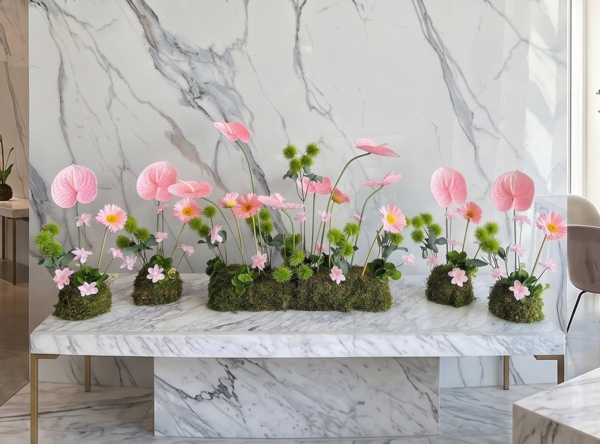 anthurium and green moss table Arrangement