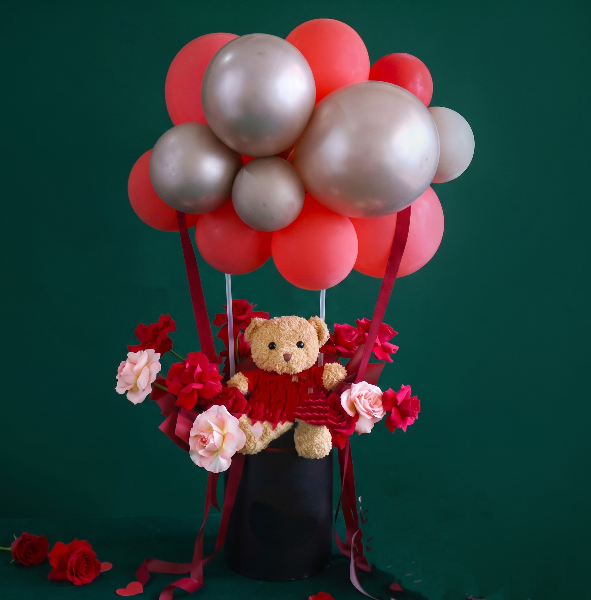 SPECIAL VALENTINES DAY FLOWER WITH TEDDY AND BALOON ARRANGEMENT