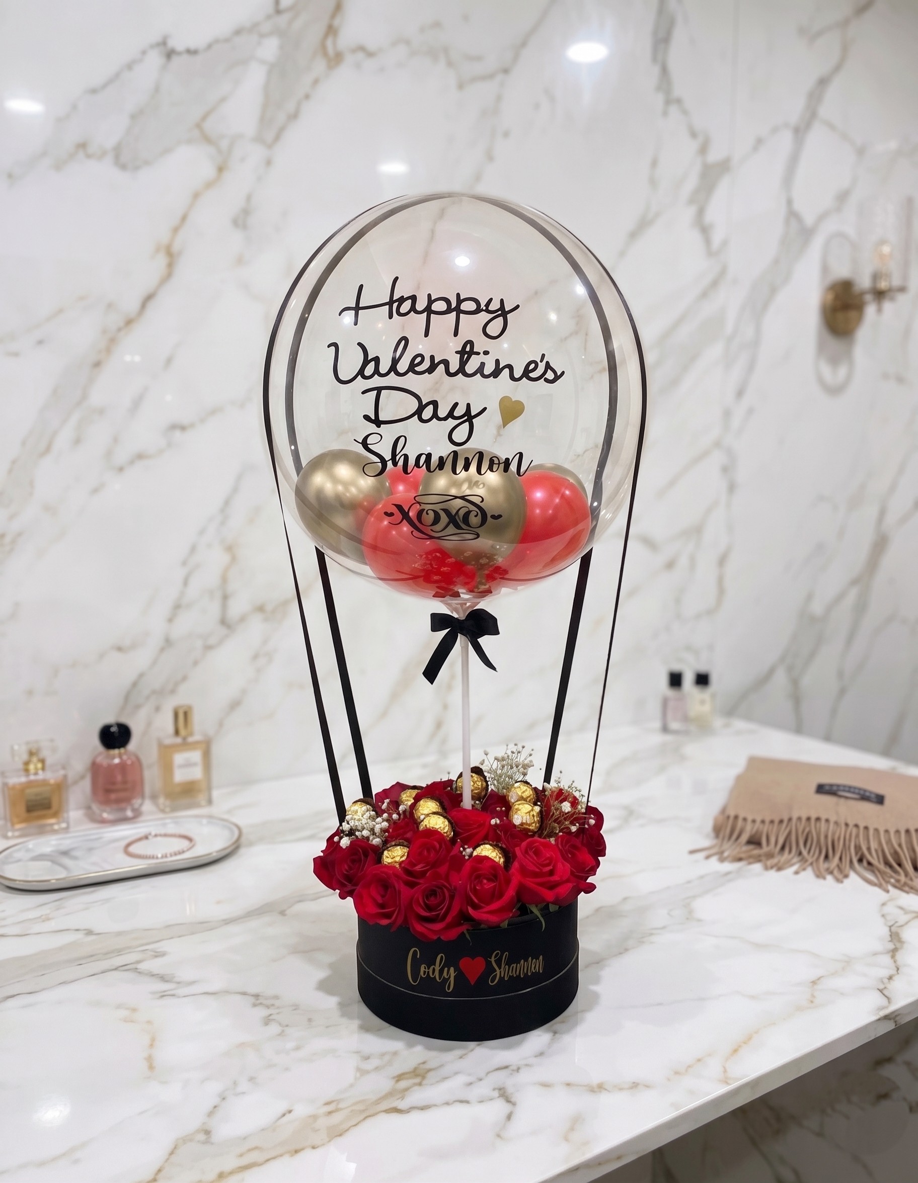 VALENTINES DAY SPECIAL BALOON WITH FLOWER AND CHOCOLATE ARRANGEMENT