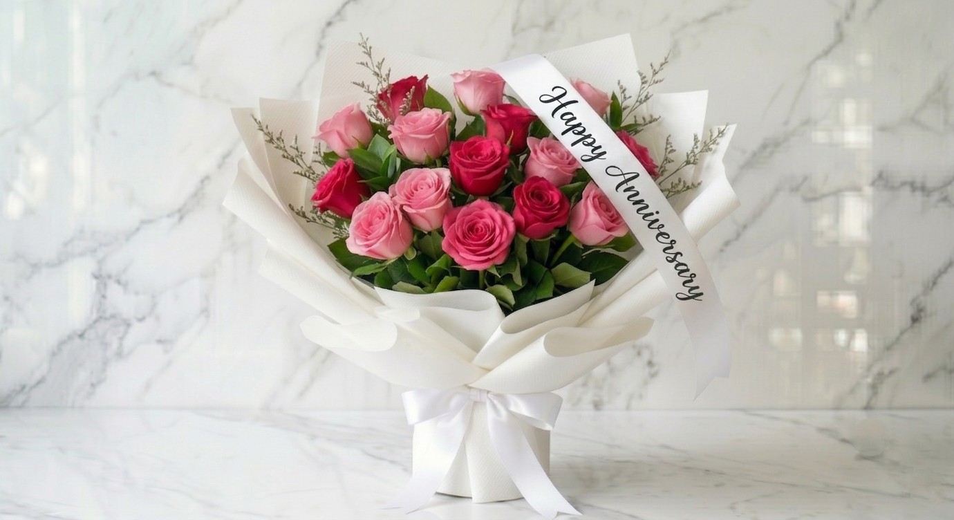 happy anniversary special fuchia and pink bouquet