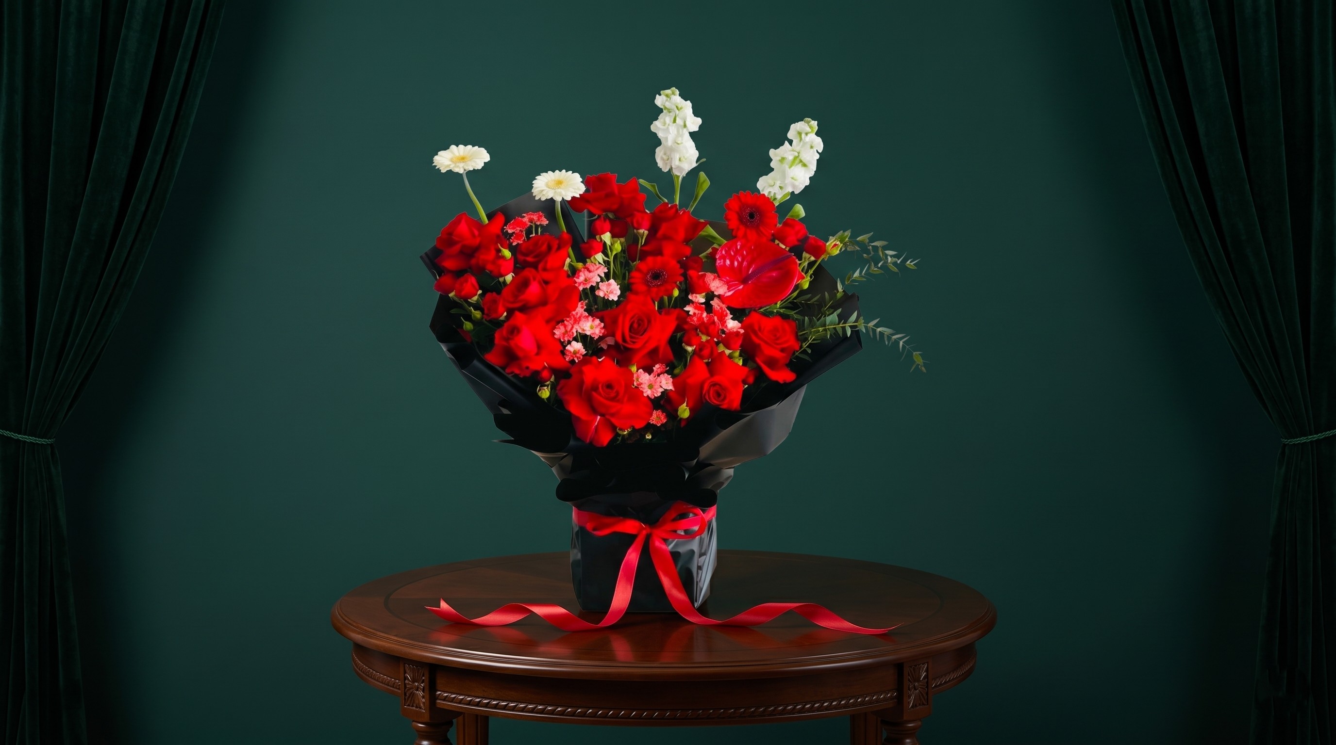 standing bouquet red and black themed bouquet